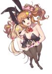  2girls :d \m/ absurdres alternate_costume animal_ears arukiru bare_shoulders black_footwear black_leotard blonde_hair bow breasts brown_eyes brown_hair brown_pantyhose cleavage detached_collar fake_animal_ears fingernails full_body futaba_anzu hair_bow hair_ornament heart heart_hands heart_hands_duo highres idolmaster idolmaster_cinderella_girls large_breasts leotard long_hair looking_at_viewer low_twintails moroboshi_kirari multiple_girls one_eye_closed pantyhose pink_bow playboy_bunny rabbit_ears shoes simple_background small_breasts smile star_(symbol) star_hair_ornament twintails white_background 