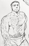 1boy abs aged_up alternate_facial_hair arm_hair bara beard boxers bulge chest_hair cowboy_shot dickfish_(fishismdick) facial_hair hairy head_tilt highres john_rottweil_(dickfish) large_pectorals leg_hair looking_at_viewer male_focus male_underwear mature_male muscular muscular_male mustache navel navel_hair nipples original pectorals scan short_hair sideburns sketch solo stomach stubble thick_eyebrows thick_thighs thighs topless_male traditional_media underwear underwear_only 