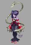  1girl black_hair black_skirt breasts cleavage colored_skin commentary detached_sleeves full_body hair_over_one_eye highres leviathan_(skullgirls) long_skirt purple_skin red_eyes side_ponytail signature skirt skullgirls sleeves_past_fingers sleeves_past_wrists small_breasts socks solo squigly_(skullgirls) stitched_mouth stitches striped striped_sleeves striped_socks the_golden_smurf wide_hips 