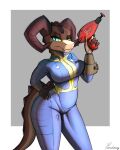  4:5 anthro bethesda_softworks blue_eyes breasts clothing deathclaw fallout female gun hand_on_hip hi_res horn jumpsuit looking_at_viewer nuka-cola paradoxing pose ranged_weapon solo thick_thighs tight_clothing weapon yellow_sclera 