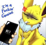  angry annoyed anthro big_breasts breasts bunnemilk canid charger charging_phone clenched_teeth cross-popping_vein dialogue disembodied_hand eeveelution eyelashes eyes_closed featureless_breasts female fur generation_1_pokemon humor jolteon mammal neck_tuft nintendo phone pokemon pokemon_(species) simple_background sitting solo teeth text thick_thighs tuft white_background white_body white_fur wide_hips yellow_body yellow_fur 