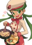  1girl :d absurdres apron bangs buttons commentary_request double-breasted eyelashes gonzarez green_eyes green_hair happy hat highres holding holding_pan holding_spatula long_hair long_sleeves looking_at_viewer mallow_(palentine&#039;s_2023)_(pokemon) mallow_(pokemon) official_alternate_costume open_mouth pokemon pokemon_(game) pokemon_masters_ex shirt skirt smile spatula swept_bangs teeth tongue twintails upper_teeth_only waist_apron white_background yellow_apron 