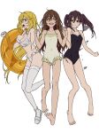  +_+ 3girls :d :o ^_^ absurdres bangs bare_legs bare_shoulders barefoot bikini black_eyes blonde_hair bouncing_breasts breasts brown_hair casual_one-piece_swimsuit closed_eyes commentary_request covered_navel dolly_(toaru_kagaku_no_railgun) full_body gloves hair_between_eyes happy highres holding_hands innertube interlocked_fingers kouzaku_mitori large_breasts long_hair multiple_girls navel one-piece_swimsuit open_mouth print_bikini sandals school_swimsuit shokuhou_misaki side-tie_bikini_bottom simple_background small_breasts smile spider_web_print swimsuit teruya_(6w6y) thighhighs toaru_kagaku_no_railgun toaru_majutsu_no_index twintails very_long_hair white_background white_bikini white_gloves 