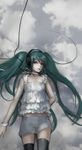  bad_id bad_pixiv_id black_legwear bracelet cable chm closed_mouth cloud collarbone cowboy_shot green_eyes green_hair hatsune_miku head_tilt headphones jewelry lips lipstick long_hair looking_at_viewer lying makeup on_back shorts sky solo thighhighs very_long_hair vocaloid 
