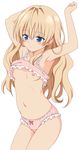  absurdres armpits arms_up blonde_hair blue_eyes blush bra colorized flat_chest highres lingerie long_hair mayoi_neko_overrun! navel nipples panties solo source_request umenomori_chise underwear underwear_only vector_trace yabuki_kentarou 