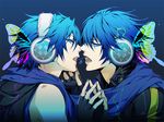 bad_id bad_pixiv_id blue_eyes blue_hair butterfly_hair_ornament clone double_click_(artist) dual_persona face-to-face fingerless_gloves gloves hair_ornament headphones kaito magnet_(vocaloid) male_focus multiple_boys vocaloid 