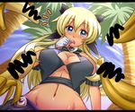  banana blonde_hair blue_eyes breasts cleavage food fruit fuurai_no_shiren kamina_(shiren_the_wanderer) large_breasts letterboxed long_hair navel sexually_suggestive solo tan umetarou_(shujinko_kidori) 