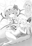  =_= arm_support barefoot blood blush_stickers couch dutch_angle flandre_scarlet greyscale hand_on_own_cheek hand_on_own_face hat izayoi_sakuya misashi_(raichi821) monochrome multiple_girls nosebleed one_eye_closed panties remilia_scarlet sleepy teardrop topless touhou underwear underwear_only wings 
