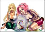  2girls absurdres arm_warmers artist_name bag bandage bare_shoulders barefoot bike_shorts blonde_hair bracelet breasts cleavage collarbone dorotea_gizzi facial_mark feet fingernails fish fishnets forehead_mark green_eyes green_shoes haruno_sakura headband headdress highres jewelry kneeling konohagakure_symbol large_breasts latex lips lipstick long_hair looking_at_another looking_down makeup multiple_girls nail_polish naruto necklace open_mouth open_toe_shoes pink_hair purple_shirt red_eyes shiny shiny_clothes shiny_hair shirt shoes short_hair shorts simple_background sitting skin_tight skindentation sleeveless sleeveless_shirt small_breasts spandex stregatto10 toenails tsunade white_background white_shirt 