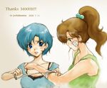  2girls bandages bishoujo_senshi_sailor_moon blue_hair brown_hair dated green_shirt kino_makoto mizuno_ami multiple_girls nape otsukimi_(artist) ponytail shirt yuri 