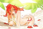  all_fours apple ass banana breasts censored convenient_censoring copyright_request cream food fruit hanging_breasts kozaki_yuusuke large_breasts nude red_eyes red_hair sexually_suggestive short_twintails solo tattoo tongue twintails 