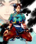  bad_id bad_pixiv_id bracelet breasts brown_eyes brown_hair china_dress chinese_clothes chun-li cleavage curvy dress highres jewelry large_breasts ogino_atsuki pantyhose pelvic_curtain sash solo spiked_bracelet spikes squatting street_fighter zoom_layer 