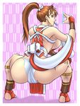  absurdres ass barefoot breasts brown_eyes brown_hair condom condom_in_mouth cosine fatal_fury feet from_behind highres japanese_clothes large_breasts mouth_hold panties pelvic_curtain ponytail revealing_clothes shiranui_mai shoes sideboob solo squatting the_king_of_fighters toeless_legwear underwear white_panties yagasuri 