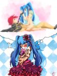  1girl blue_hair bow censored dawn_of_the_golden_witch female_pervert furudo_erika hair_ornament mosaic_censoring pervert pink_bow pointless_censoring rayno red_hair umineko_no_naku_koro_ni ushiromiya_battler 