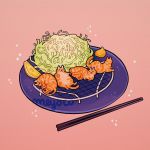  animal animal_ears animal_focus artist_name cabbage cat cat_ears chopsticks food katsu_(food) lying meyoco no_humans orange_cat original pink_background plate simple_background sparkle undersized_animal 