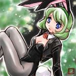  alternate_costume animal_ears blue_eyes breasts bunny_ears bunny_tail bunnysuit green_hair green_hairband hairband looking_up lowres medium_breasts oekaki pantyhose pointy_ears sagawa_yumeko saria short_hair sitting smile solo tail the_legend_of_zelda the_legend_of_zelda:_ocarina_of_time 