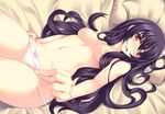  black_hair blush bow bow_panties foreshortening groin hands ichijou_hitoshi long_hair lying navel original panties panty_pull side-tie_panties solo topless underwear untied 