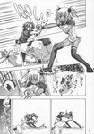  1girl albert_chamomille artist_request comic crotch_kick greyscale highres kufei mahou_sensei_negima! monochrome negi_springfield teacher translation_request 