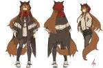  animal_ears arms_at_sides black_legwear boots brown_eyes brown_hair commentary_request facing_away hair_between_eyes hand_on_hip hat jewelry lansane long_hair long_sleeves looking_at_viewer monster_girl multiple_views necklace original pantyhose red_hat red_scarf ribbed_sweater scarf shorts signature simple_background sketch smile standing suspender_shorts suspenders sweater tail tsana_(lansane) very_long_hair wolf_ears wolf_tail 