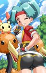  ass bike_shorts blue_hair blush cameltoe covered_nipples doduo fingerless_gloves gen_1_pokemon gen_3_pokemon gloves headband hinata_(pokemon) one_eye_closed open_clothes open_shirt plusle pokemoa pokemon pokemon_(creature) pokemon_ranger pokemon_ranger_uniform red_eyes shirt skin_tight spandex sweat tight uniform 