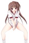  artist_request blush bottomless brown_eyes brown_hair gym_uniform hina_asuka long_hair memories_off memories_off#5 panties shirt_tug solo underwear 