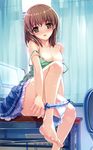  absurdres barefoot blush breasts curtains desk feet hands highres large_breasts legs long_legs misaki_kurehito nipples off_shoulder panties panty_pull sitting skirt small_nipples solo suiheisen_made_nan_mile? toes tsuyazaki_kokage underwear window 