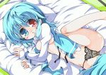  bed black_panties blue_hair breasts cameltoe heterochromia leg_lift lying marker_(medium) medium_breasts milkpanda nipples on_side open_clothes open_shirt panties pantyshot pantyshot_(lying) pantyshot_(sitting) shirt short_hair sitting solo string_panties tatara_kogasa touhou traditional_media underwear 