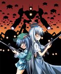  back-to-back backpack bag blue_eyes blue_hair gun hair_bobbles hair_ornament hat kamishirasawa_keine kawashiro_nitori key long_hair multiple_girls red_eyes rifle short_hair touhou twintails two_side_up weapon yuuji_(itadon) 