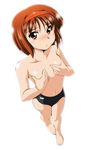  barefoot blush blush_stickers brown_eyes brown_hair buruma covering covering_breasts flat_chest hairband hands highres kayama_tamami red_hairband ryumage solo super_real_mahjong topless 