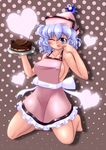  ;p apron bad_id bad_pixiv_id barefoot blue_eyes blue_hair blush breasts cake chocolate chuuten_(clam_chowder) covered_nipples finger_licking food hat heart highres large_breasts licking merlin_prismriver naked_apron one_eye_closed pastry short_hair solo tongue tongue_out touhou 