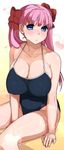  bad_id bad_pixiv_id blue_eyes blush breasts cleavage covered_nipples hair_ribbon haramura_nodoka huge_breasts long_hair one-piece_swimsuit pink_hair ribbon rkrk saki school_swimsuit solo swimsuit twintails 
