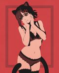  1girl animal_ears bangs black_hair cat_ears cat_tail chainsaw_man hair_ornament hairclip hands_on_own_face higashiyama_kobeni lingerie looking_to_the_side medium_hair mole mole_under_eye mole_under_mouth moshimoshibe multiple_moles short_ponytail single_sidelock solo swept_bangs tail underwear 