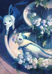  closed_mouth commentary_request eko_(wk_egg) flower fountain from_above glaceon highres mouth_hold no_humans outdoors pokemon pokemon_(creature) signature smile standing vaporeon wading water white_flower 