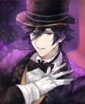  1boy black_bow black_bowtie black_headwear blue_eyes blurry bokeh bow bowtie depth_of_field dress_shirt gloves grin hair_between_eyes hand_on_own_chest hat highres ichinose_tokiya jacket lapels looking_at_viewer male_focus official_alternate_costume parted_lips purple_background purple_hair purple_jacket shawl_lapels shirt short_hair sideways_glance sleeve_cuffs smile solo star_(symbol) star_print top_hat upper_body uta_no_prince-sama vest white_gloves white_shirt yellow_vest zaichuu 