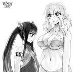  2girls armband bikini breast_envy breasts commentary english_commentary fairy_tail frown greyscale halterneck highres large_breasts low_twintails lucy_heartfilia monochrome multiple_girls muscular muscular_female navel serious signature small_breasts sweat sweatdrop swimsuit the_golden_smurf twintails underboob v-shaped_eyebrows wendy_marvell 