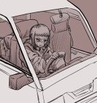  1boy 1girl blood blood_on_clothes blood_on_face chainsaw_man ground_vehicle highres hood hoodie katana_man_(chainsaw_man) monochrome motor_vehicle nya_tt0 sawatari_akane_(chainsaw_man) short_hair steering_wheel van 