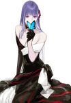  1girl absurdres black_gloves blue_butterfly breasts bug butterfly cleavage fate/grand_order fate_(series) gloves highres matou_sakura nakuta purple_eyes purple_hair simple_background solo white_background 