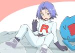  1boy blue_hair green_eyes highres ice james_(pokemon) kiiro_tane male_focus open_mouth pink_background pokemon pokemon_(anime) sitting team_rocket wobbuffet worried 