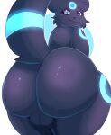  absurd_res anthro anthrofied backsack balls big_balls big_butt black_body black_fur blue_eyes butt eeveelution fatal_dx fur generation_2_pokemon genitals glowing hi_res huge_butt huge_thighs looking_back male nintendo perineum pokemon pokemon_(species) raised_tail rear_view simple_background smile solo standing tail thick_thighs umbreon 