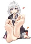 barefoot black_nails black_skirt blue_eyes commentary_request copyright_request earrings english_text feet finger_to_mouth foot_focus heart jewelry kalun_(fwme3378) looking_at_viewer nail_polish skirt soles tagme toes white_hair white_nails 