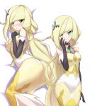  1girl absurdres blonde_hair commentary dress hair_ornament highres long_hair looking_at_viewer lusamine_(pokemon) lusamine_(sygna_suit)_(pokemon) lying multiple_views official_alternate_costume open_mouth pokemon pokemon_(game) pokemon_masters_ex solo white_background zerokun135 