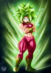  1girl abs aura blue_eyes boots breasts commentary crop_top crossed_arms dragon_ball dragon_ball_super earrings electricity english_commentary full_body furrowed_brow glowing glowing_eyes green_hair highres jewelry kefla_(dragon_ball) medium_breasts midriff muscular muscular_female navel potara_earrings signature smile solo super_saiyan super_saiyan_2 the_golden_smurf thick_thighs thighs vambraces 