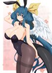  1girl angel_wings animal_ears arm_above_head arm_up asymmetrical_wings bangs bare_shoulders black_bow black_bowtie black_leotard blue_hair blush border bow bowtie breasts chinese_zodiac cleavage collar collarbone covered_navel detached_collar dizzy_(guilty_gear) fake_animal_ears fuuma_(bangolga1) guilty_gear hair_between_eyes hair_ribbon hair_rings happy_new_year highres huge_breasts large_breasts leggings leotard long_hair looking_at_viewer mature_female monster_girl pink_background playboy_bunny rabbit_ears red_eyes ribbon sideboob sidelocks smile solo tail thighhighs twintails white_border wings year_of_the_rabbit 