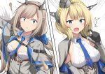  2girls ^^^ akahi242 beans belt black_belt blonde_hair blue_eyes blue_necktie blush braid breasts capelet collared_shirt colorado_(kancolle) emphasis_lines garrison_cap gloves grey_capelet grey_eyes grey_headwear hat headgear kantai_collection large_breasts long_hair maryland_(kancolle) medium_breasts multiple_girls necktie open_mouth shirt short_hair sleeveless sleeveless_shirt white_shirt 