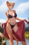  2023 anthro bikini bikini_bottom bikini_top breasts clothed clothing digital_media_(artwork) eyebrows felid feline female fur green_eyes hi_res holding_object leaf looking_at_viewer mammal navel pantherine personalami solo swimwear towel water 