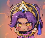  1girl bangs blush closed_mouth gem hair_ornament league_of_legends long_hair lunar_empress_qiyana multicolored_background orange_eyes parted_bangs phantom_ix_row portrait pout purple_hair qiyana_(league_of_legends) solo trembling 