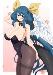  1girl angel_wings arm_above_head arm_up asymmetrical_wings bangs bare_shoulders black_bow black_bowtie black_leotard blue_hair blush border bow bowtie breasts chinese_zodiac cleavage collar collarbone covered_navel detached_collar dizzy_(guilty_gear) fuuma_(bangolga1) guilty_gear hair_between_eyes hair_ribbon hair_rings happy_new_year highres huge_breasts large_breasts leggings leotard long_hair looking_at_viewer mature_female monster_girl pink_background playboy_bunny red_eyes ribbon sideboob sidelocks smile solo tail thighhighs twintails white_border wings year_of_the_rabbit 