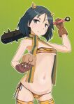  1girl bikini black_hair blush brave_witches breasts cameltoe closed_mouth club_(weapon) cosplay fake_horns fang green_background green_eyes heart heart-shaped_pupils highres horns kanno_naoe keicha_(kmoekaki) looking_at_viewer navel oni_horns scarf short_hair side-tie_bikini_bottom simple_background skindentation small_breasts solo strapless striped striped_bikini striped_thighhighs swimsuit symbol-shaped_pupils thighhighs thong_bikini tube_top weapon world_witches_series 