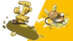  alolan_raichu blacknirrow coin electricity gholdengo gold gold_coin highres no_humans open_mouth pokemon pokemon_(creature) simple_background smile surfboard surfing treasure_chest 