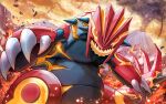  absurdres claws colored_sclera commentary_request groudon herawan highres looking_at_viewer molten_rock no_humans open_mouth orange_eyes outdoors pokemon pokemon_(creature) primal_groudon rock sharp_teeth solo teeth yellow_pupils yellow_sclera 